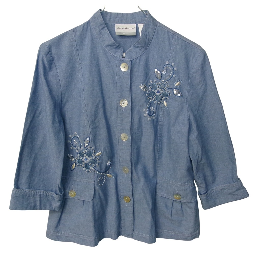 Alfred Dunner Petite Blue Floral Embroidered Sequin Button Front Jacket 8P